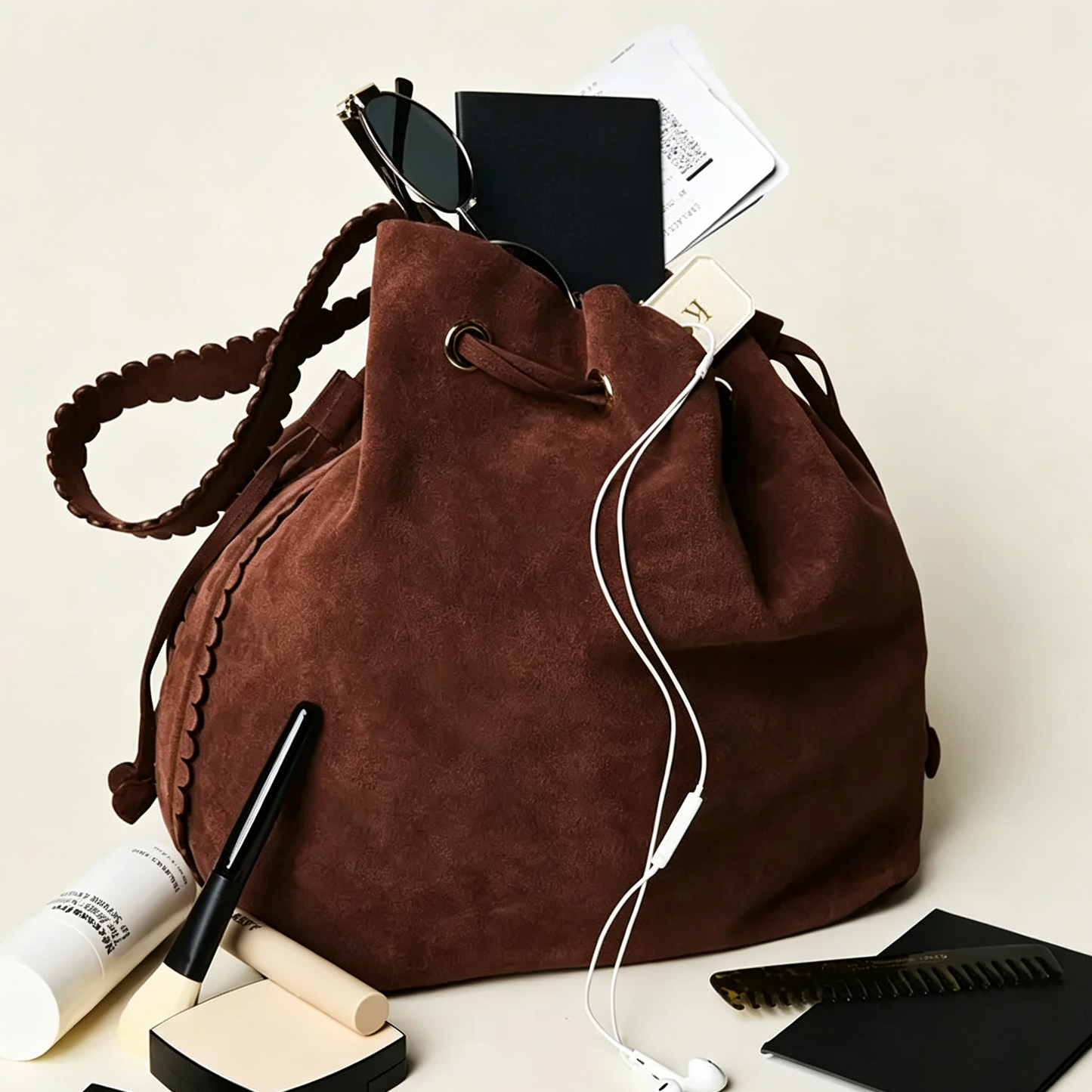 Scalloped Suede Drawstring Bucket Bag With Removable Zip Pouch