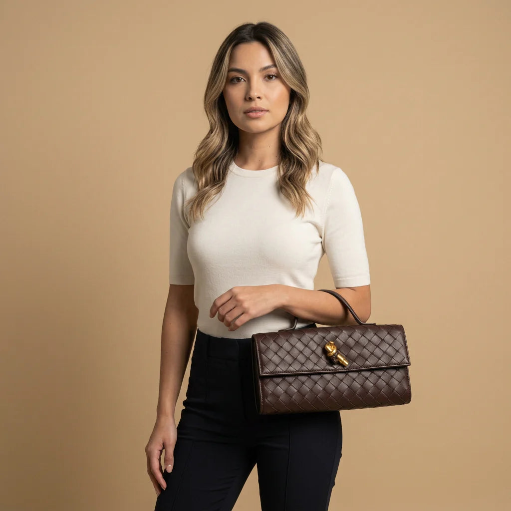Full Woven Leather Knot Gold Hardware Two Way Flap Clutch Crossbody Bag