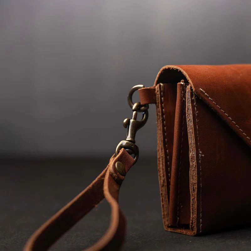Vintage Full Grain Leather Envelope Wristlet Clutch Wallet