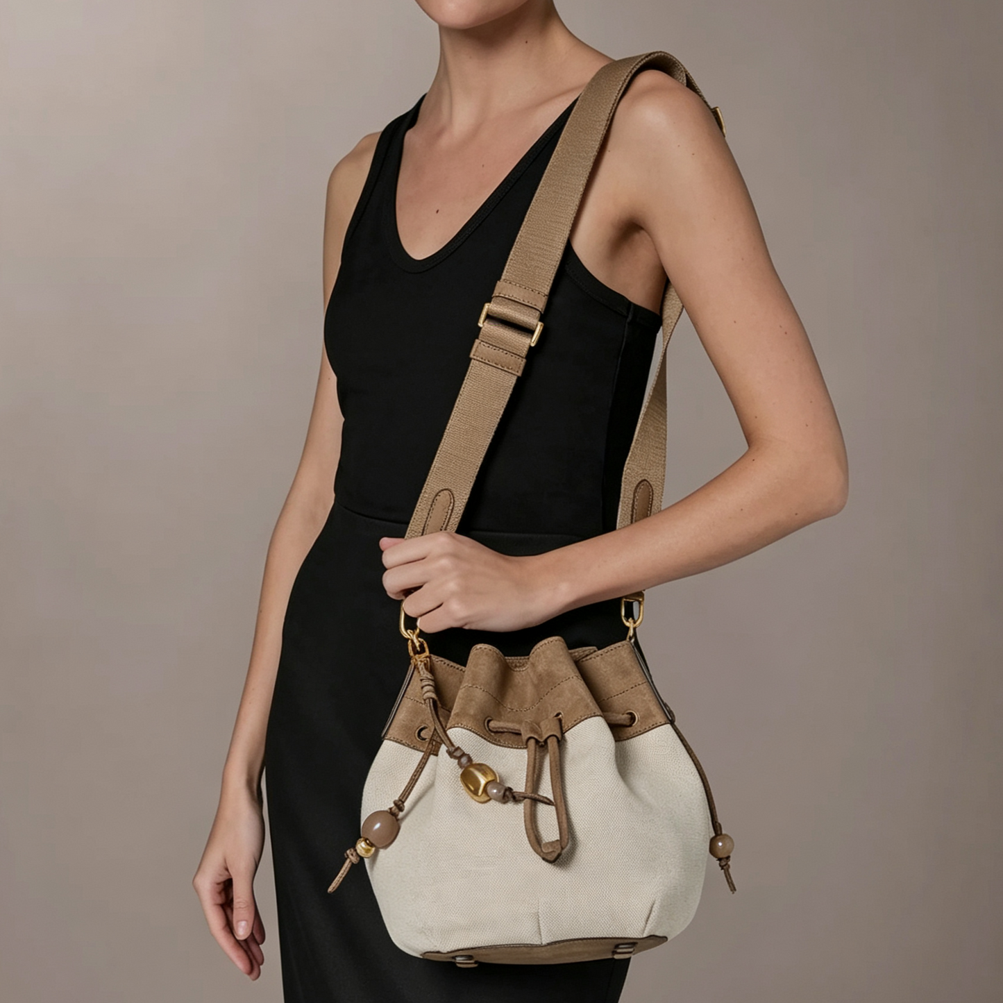 Canvas Suede Charm Bucket Crossbody Bag