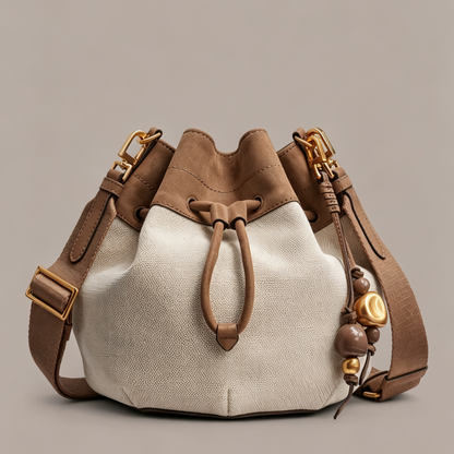 Canvas Suede Charm Bucket Crossbody Bag