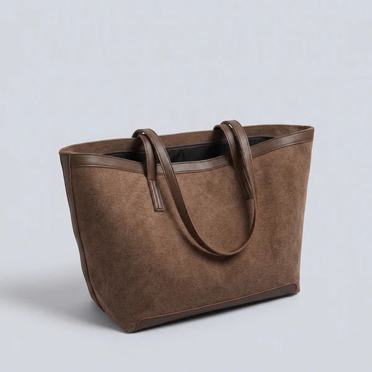 Two Tone Canvas PU Leather Trim Zipper Structured Daily Tote Bag