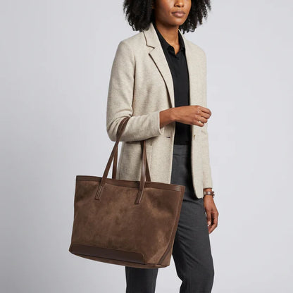 Two Tone Canvas PU Leather Trim Zipper Structured Daily Tote Bag