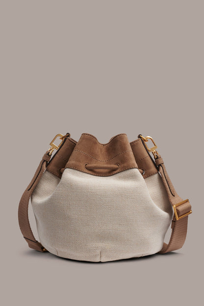 Canvas Suede Charm Bucket Crossbody Bag