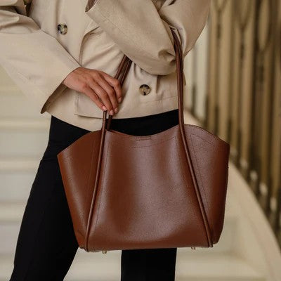 Architectural Genuine Leather Large Zip Shoulder Tote Bag