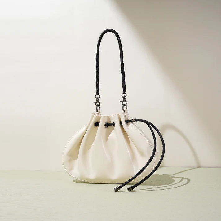 Pleated Sheepskin Dual Strap Drawstring Crossbody Bag