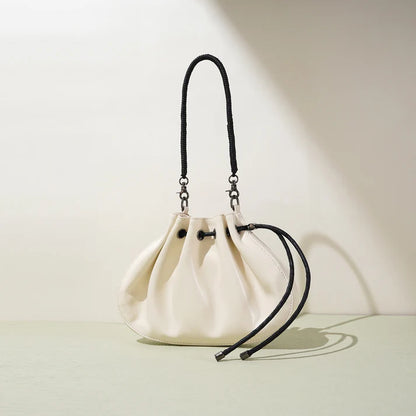 Pleated Sheepskin Dual Strap Drawstring Crossbody Bag