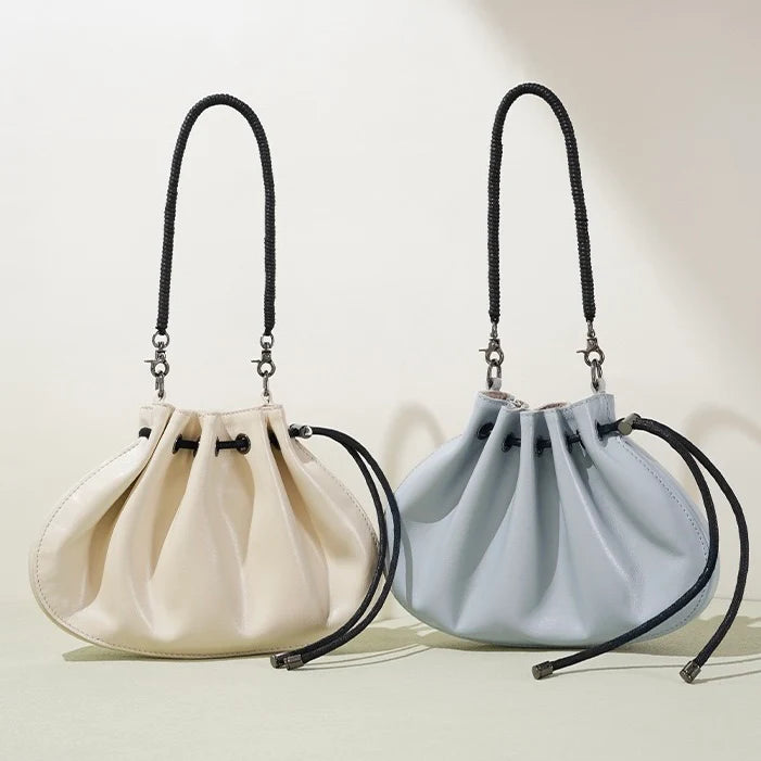 Pleated Sheepskin Dual Strap Drawstring Crossbody Bag