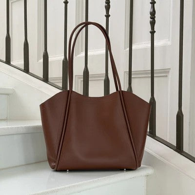Architectural Genuine Leather Large Zip Shoulder Tote Bag