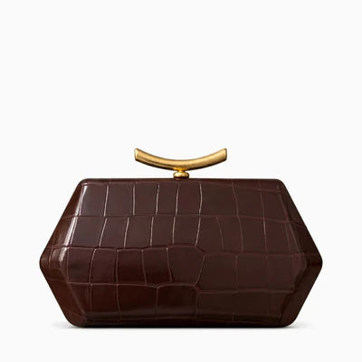 Glossy Croc Embossed Geometric Frame Evening Clutch Bag