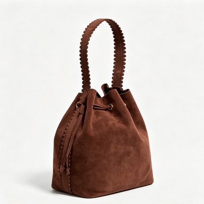 Scalloped Suede Drawstring Bucket Bag With Removable Zip Pouch