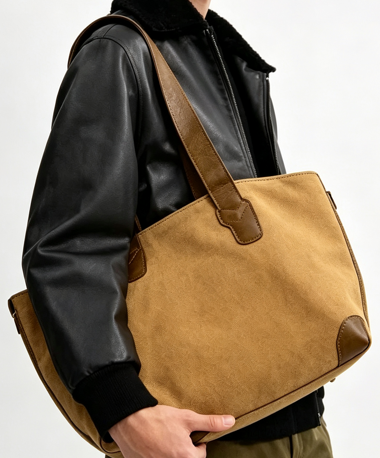 Canvas Smooth Leather Trim Medium Daily Shoulder Tote Bag