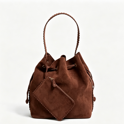 Scalloped Suede Drawstring Bucket Bag With Removable Zip Pouch