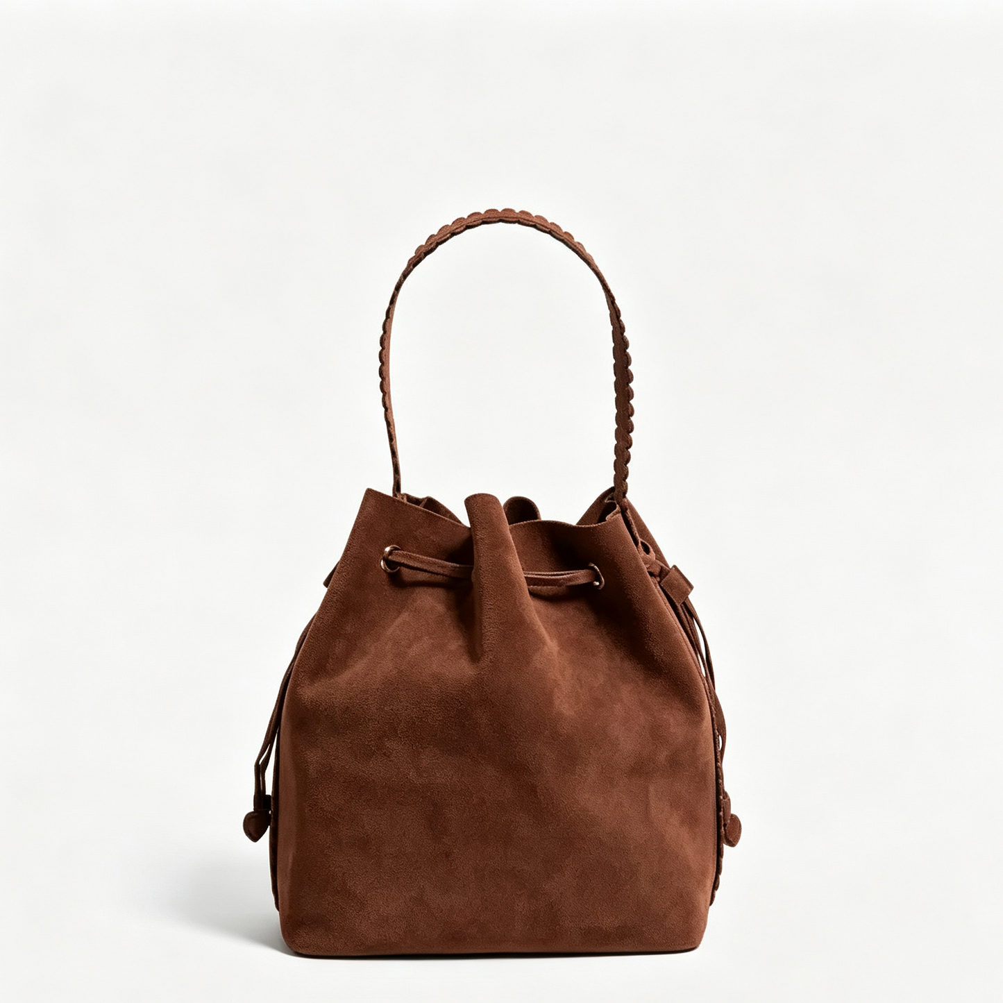 Scalloped Suede Drawstring Bucket Bag With Removable Zip Pouch