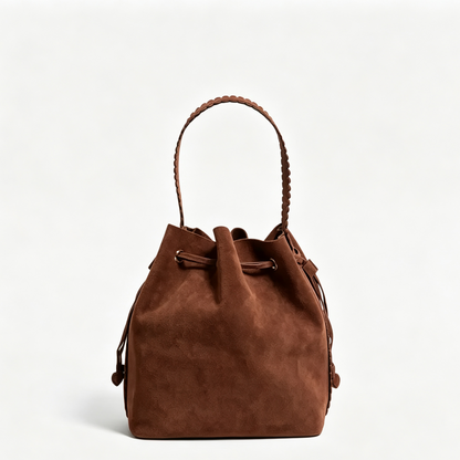 Scalloped Suede Drawstring Bucket Bag With Removable Zip Pouch