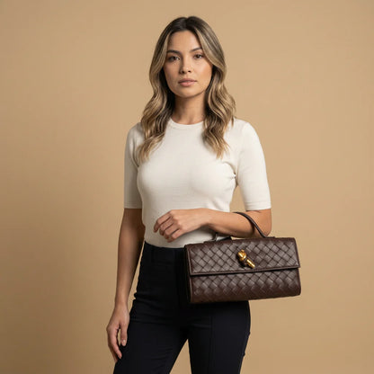 Full Woven Leather Knot Gold Hardware Two Way Flap Clutch Crossbody Bag