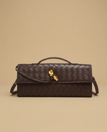 Full Woven Leather Knot Gold Hardware Two Way Flap Clutch Crossbody Bag