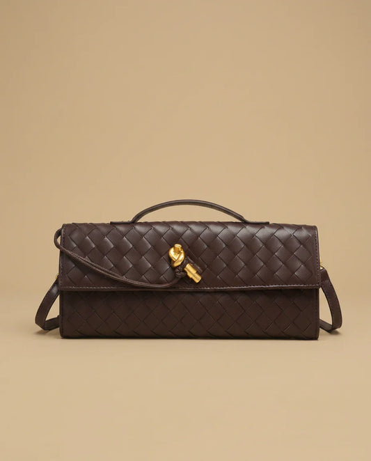 Full Woven Leather Knot Gold Hardware Two Way Flap Clutch Crossbody Bag