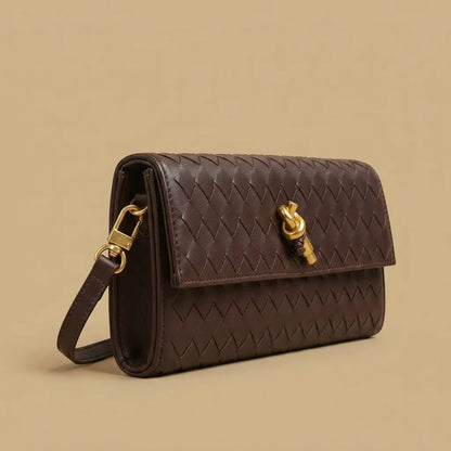 Full Woven Leather Knot Gold Hardware Two Way Flap Clutch Crossbody Bag
