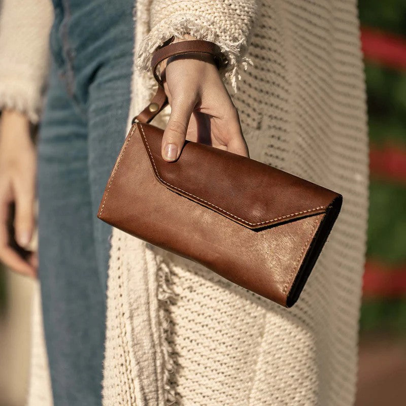 Vintage Full Grain Leather Envelope Wristlet Clutch Wallet