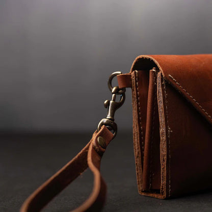 Vintage Full Grain Leather Envelope Wristlet Clutch Wallet