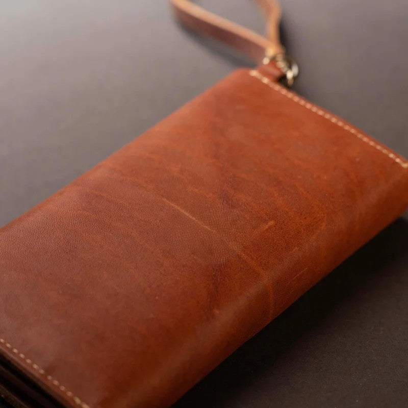 Vintage Full Grain Leather Envelope Wristlet Clutch Wallet