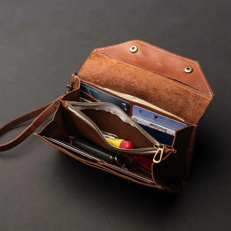 Vintage Full Grain Leather Envelope Wristlet Clutch Wallet
