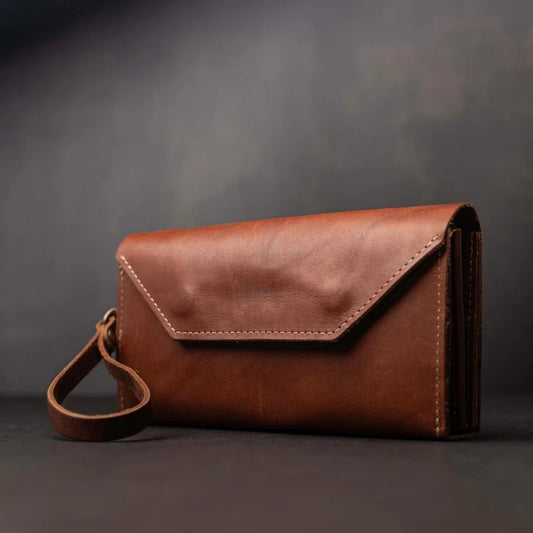 Vintage Full Grain Leather Envelope Wristlet Clutch Wallet