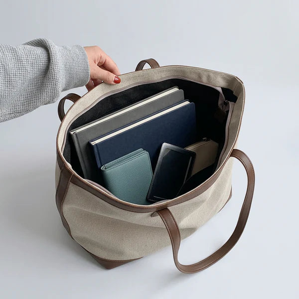 Two Tone Canvas PU Leather Trim Zipper Structured Daily Tote Bag