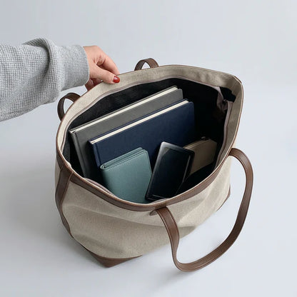 Two Tone Canvas PU Leather Trim Zipper Structured Daily Tote Bag