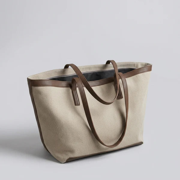 Two Tone Canvas PU Leather Trim Zipper Structured Daily Tote Bag